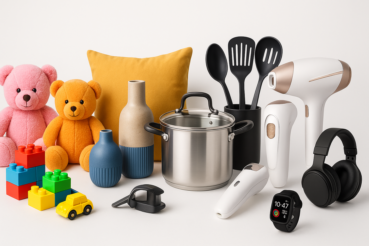 toys, home decor, kitchen tools, beauty equipment's, electronics products in website hero banner