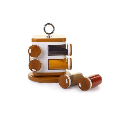 Premium 8-Jar Revolving Spice Rack Organizer – High-Quality ABS Plastic Masala Container Set with Sprinkler Lids & Wood Finish
