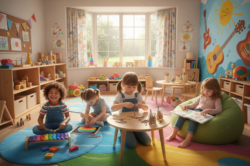 A cozy, colorful children’s playroom filled with creativity and learning. Four kids are engaged in different fun activities — one child is happily playing a bright xylophone, another is drawing on a rainbow scratch art book, a third is crafting a handmade keychain using colorful beads, and the fourth is sitting comfortably reading a musical picture book. The room is warm and well-lit with natural sunlight coming through a window, decorated with soft rugs, shelves of toys, books, and art supplies. The childe