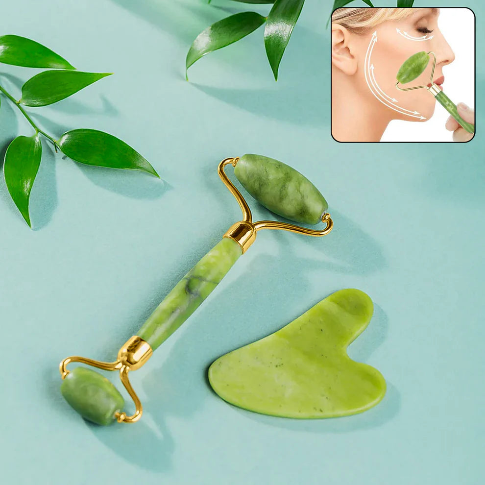Jade Face Roller Set + Gua Sha Stone